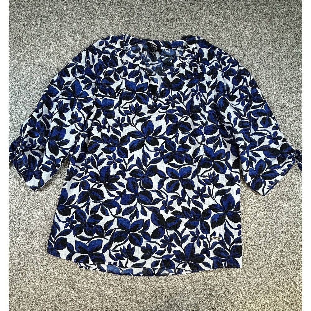 NWT Jones New York Women's Floral-Print‎ Tie-Sleeve Blouse-Blue- Size S